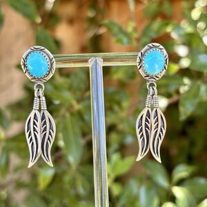 Masha Sterling Silver Turquoise Dangle Earrings Feather Leaf Design Southwestern